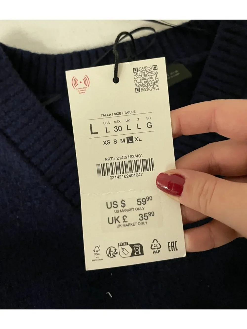 Zara Womens Sweater Large Knitwear Navy Blue Long Sleeve Pullover 2142/162 NWT - Picture 6 of 14